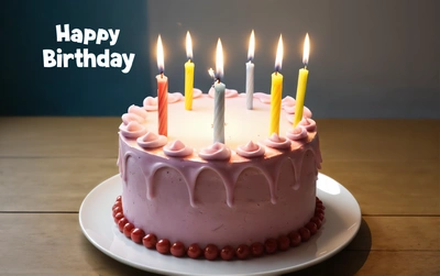 A Birthday cake with lit candles on a plate on a table with a blue background and a happy Birthday message written in the middle of the candle, candles, a pastel, international typographic style