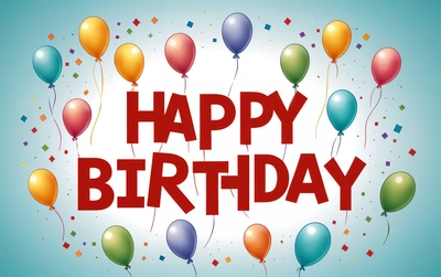 A happy Birthday card with balloons and confetti on a blue background with the words happy Birthday written in red on the card and below the balloons, plain background, a pastel, international typographic style