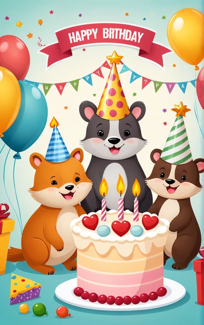 A Birthday card with a group of animals and a cake with candles on it and balloons and streamers around it, and a banner with a happy Birthday message, behance hd, a storybook illustration, naive art
