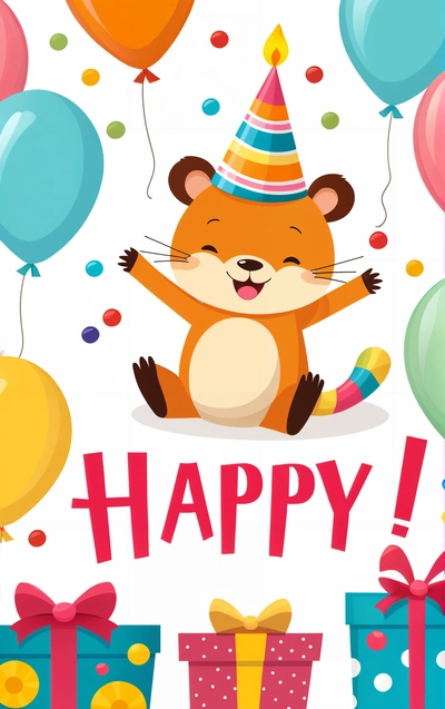 A happy Birthday card with a happy Birthday fox and balloons and presents on a white background with a happy Birthday message below it is a, happy, a stock photo, furry art