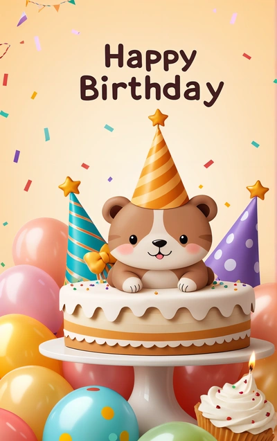 A Birthday card with a teddy bear sitting on a cake surrounded by balloons and confetti and a Birthday hat on top of it, happy, a pastel, naive art