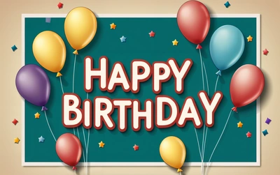 A Birthday card with balloons and stars on a green background with a happy Birthday message in the center of the card is a photo frame, plain background, a pastel, international typographic style