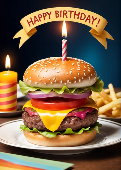 A hamburger with a candle on it with a Birthday candle in the middle of it and a lit candle in the middle of the hamburger, professional food photography, a 3d render, hyperrealism