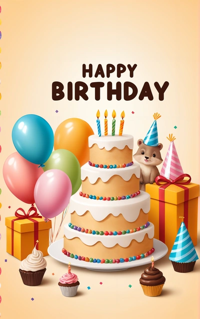 A Birthday cake with balloons and a teddy bear on it with a gift box and a bunch of balloons in the background with a happy Birthday message, plain background, a pastel, naive art