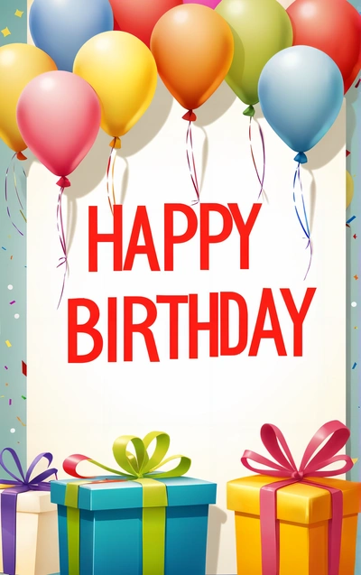 A Birthday card with balloons and presents under a banner with the words happy Birthday on it and a box with a bow and a ribbon, plain background, a pastel, international typographic style