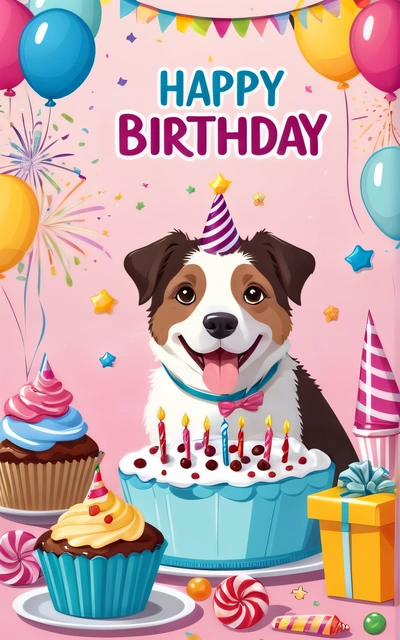 A happy Birthday card with a dog and cupcakes and balloons in the background and a Birthday cake with candles on it and a pink background, plain background, a digital rendering, furry art