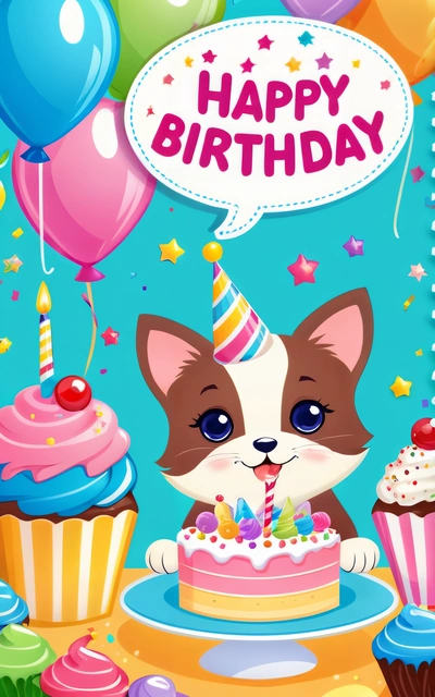 A Birthday card with a cat and cupcakes on it and a speech bubble above it that says happy Birthday with a cat and cupcakes, plain background, a pastel, naive art