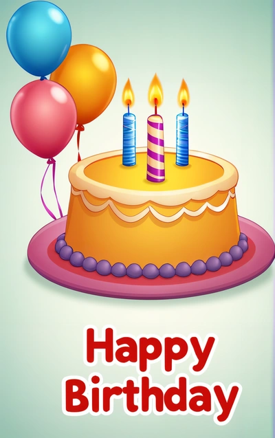 A Birthday cake with candles and balloons on it with a happy Birthday message below it that reads, happy Birthday, happy Birthday, happy Birthday, happy, a pastel, naive art