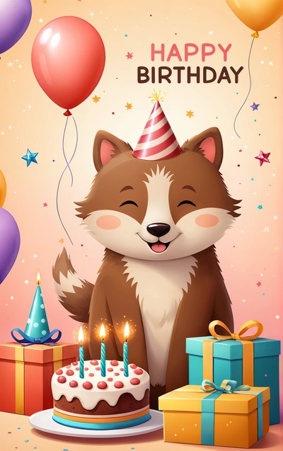 A happy Birthday card with a happy fox holding a Birthday cake and balloons and gifts around it, with a Birthday message in the middle, behance hd, a storybook illustration, furry art