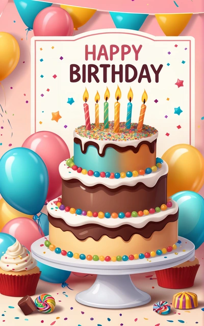 A Birthday cake with candles and balloons on a table with a sign that says happy Birthday on it and a bunch of balloons around it, plain background, a pastel, american barbizon school