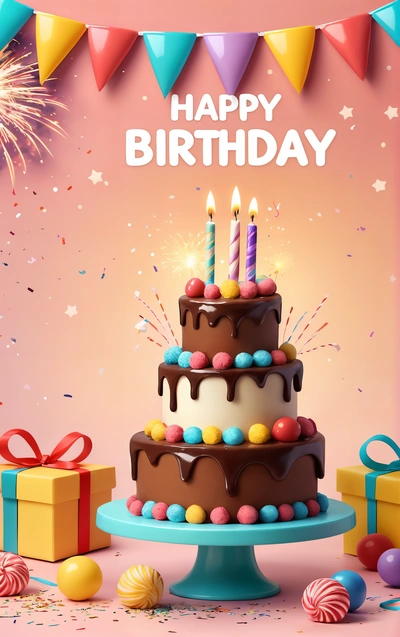 A Birthday cake with candles and presents on a table with a happy Birthday message on it and a bunting banner with balloons and streamers, behance hd, a pastel, net art
