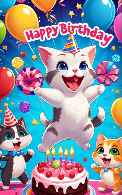 A happy Birthday card with a cat and kittens on it and balloons and a cake with candles and a candle in the middle of the card, key art, a screenshot, furry art