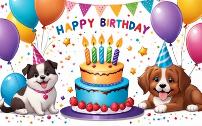 A Birthday card with two dogs and a cake with candles and balloons on it and a banner with stars and stars in the background with a dog and a Birthday cake, happy, a pastel, naive art