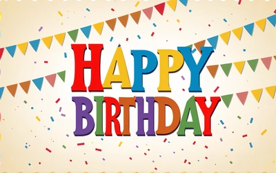 A happy Birthday card with colorful streamers and confetti on it's edges and a happy Birthday message in the middle of the card, plain background, a pastel, international typographic style
