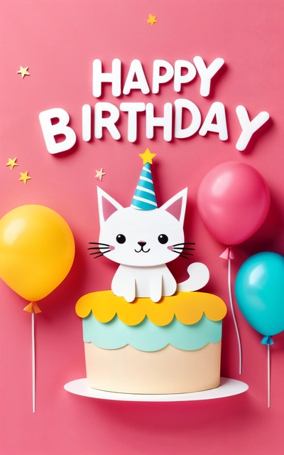 A Birthday cake with a cat on top of it and balloons around it with the words happy Birthday written on it and a cat on top of the cake, plain background, a pastel, naive art