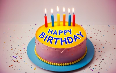 A Birthday cake with candles on it on a table with confetti and sprinkles on it and a pink background with a blue plate with a blue border, happy, a pastel, international typographic style