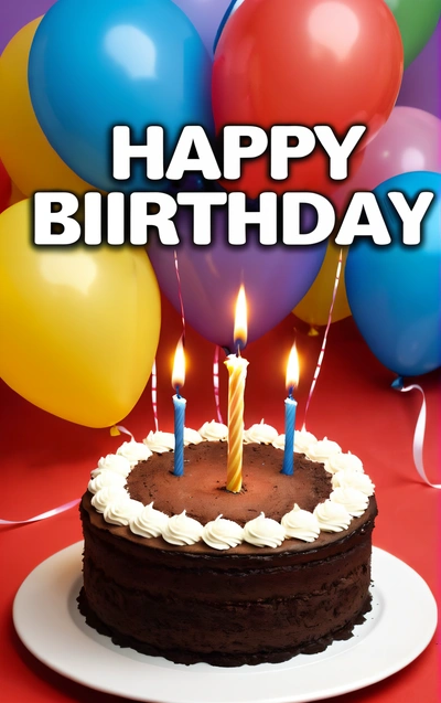 A Birthday cake with candles on it with balloons in the background and a happy Birthday message in the middle of the card that says, happy Birthday, plain background, a pastel, american barbizon school