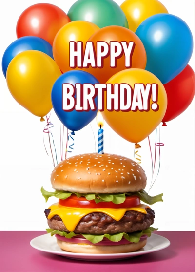 A hamburger with a Birthday candle and balloons in the background with a happy Birthday message on it's bun and a bunch of balloons, promotional image, a digital rendering, altermodern