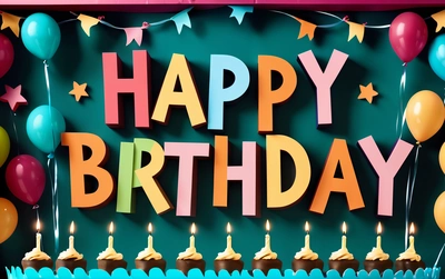 A Birthday cake with candles and balloons on a table with a happy Birthday sign on it and a green background with stars and confetti, behance hd, a 3d render, international typographic style