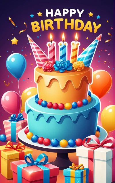 A Birthday cake with candles and presents on a table with balloons and streamers around it, with a happy Birthday message in the middle, behance hd, a pastel, naive art