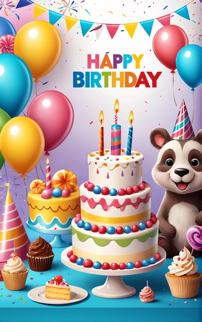 A Birthday card with a panda bear and cake with balloons and streamers on a blue tablecloth with a blue tablecloth and a blue tablecloth with a cake and balloons, behance hd, a pastel, naive art