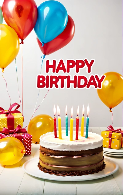 A Birthday cake with candles and balloons on a table with a white background and a happy Birthday message on the top of the cake is a, happy, a pastel, lyco art