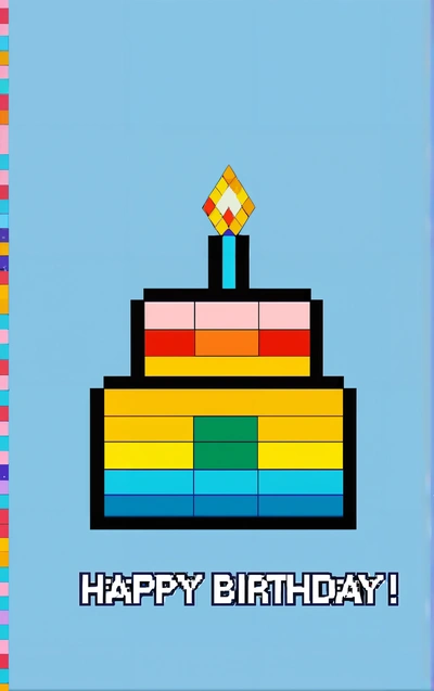A Birthday card with a cake made of blocks and a candle on top of it that says happy Birthday on a blue background with a rainbow - colored block, technicolor, pixel art, pixel art
