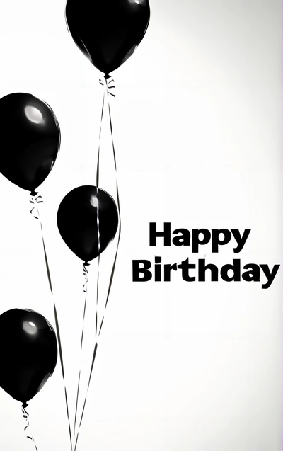 A group of balloons floating in the air with a happy Birthday message below it that reads, happy Birthday, and the balloons are black, plain background, a pastel, international typographic style