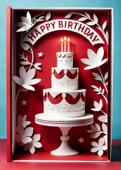 A Birthday card with a cake and candles on it in a box with a blue background and a red background with white flowers and leaves, paper texture, a 3d render, international typographic style