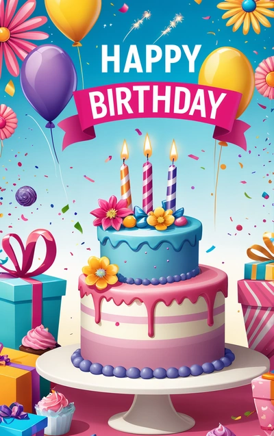 A Birthday cake with candles and balloons on a table with presents and flowers on it and a banner that says happy Birthday to you all, plain background, a pastel, international typographic style