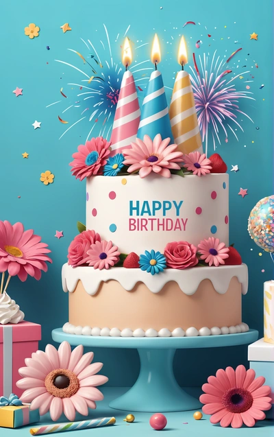 A Birthday cake with candles and flowers on a table with presents and balloons in the background and confetti and streamers on the table, behance hd, a pastel, international typographic style