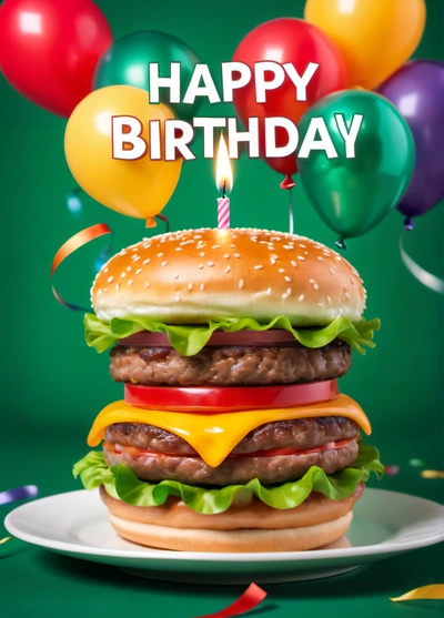 A hamburger with a candle on it with balloons and streamers in the background that says happy Birthday on a green background with confetti, promotional image, a digital rendering, altermodern