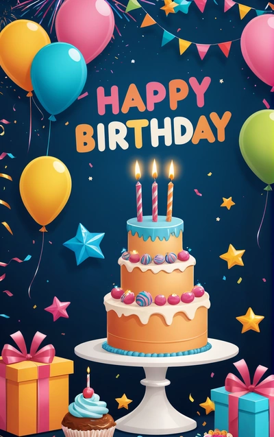 A Birthday cake with candles and balloons on a table with a blue background and a blue banner with the words happy Birthday written on it, plain background, a pastel, american barbizon school