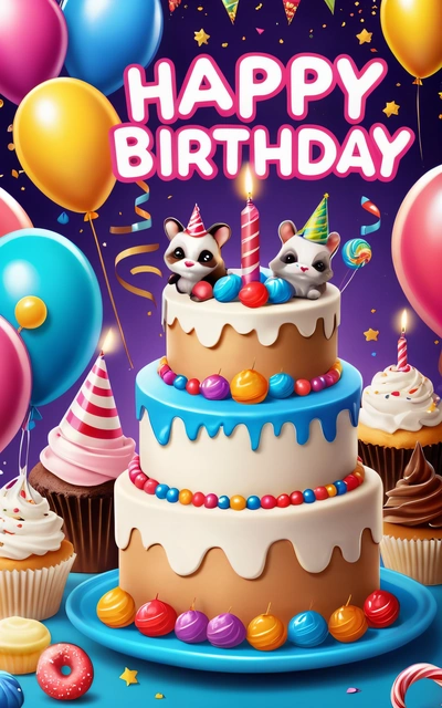 A Birthday cake with two raccoons and balloons in the background with a happy Birthday message on it's side and a bunch of balloons, behance hd, a screenshot, naive art