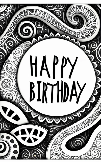A black and white drawing of a happy Birthday card with a circle with the words happy Birthday written in it and a swirly background, behance hd, lineart, international typographic style