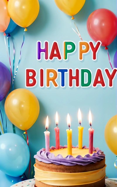 A Birthday cake with candles and balloons on a table with a blue background and a happy Birthday message written in the middle of the cake, plain background, a pastel, american barbizon school