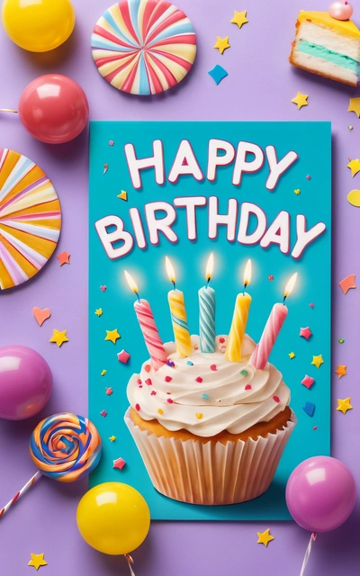 A Birthday card with a cupcake and candles on it with balloons and confetti around it on a purple background with stars and confetti, plain background, a pastel, international typographic style