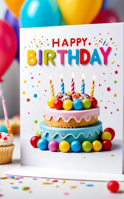 A Birthday card with a Birthday cake and cupcakes on it with balloons in the background and a Birthday card with a happy Birthday written on it, plain background, a pastel, international typographic style