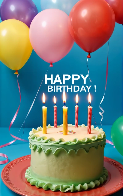 A Birthday cake with candles and balloons on a table with a blue background and a happy Birthday message written in the middle of the cake, happy, a pastel, american barbizon school