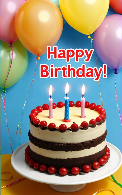 A Birthday cake with candles and balloons in the background with a happy Birthday message on it's side that reads, happy Birthday, happy Birthday, plain background, a pastel, international typographic style