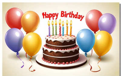 A Birthday cake with candles and balloons on a table with a happy Birthday message on it's side and a white background with a white border, plain background, a pastel, american barbizon school