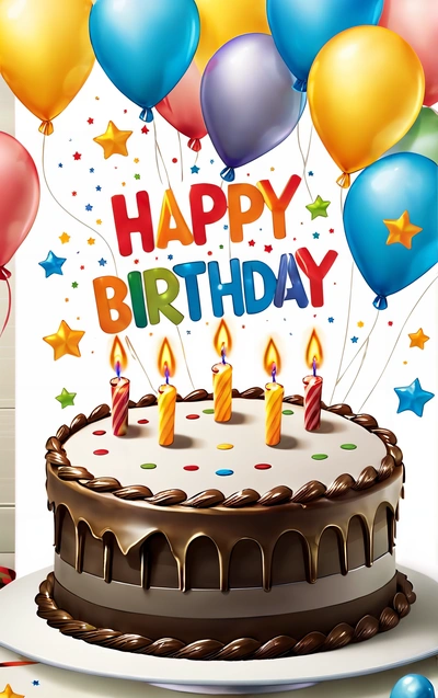 A Birthday cake with candles and balloons on it with a happy Birthday message on it's side and a star and confetti, plain background, a pastel, naive art