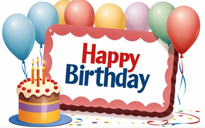 A Birthday cake with candles and balloons on it with a sign that says happy Birthday on it with a lot of balloons around it and a cake, plain background, a pastel, international typographic style