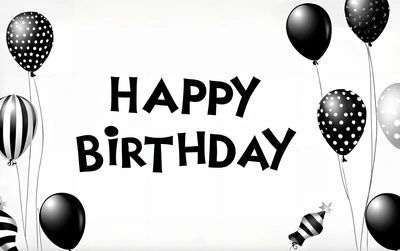 A Birthday card with balloons and a happy Birthday message on it's side, with a black and white background and a black and white design, grey background, a pastel, video art