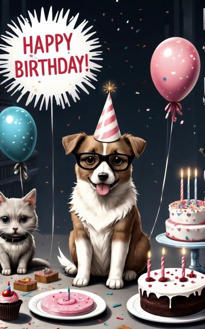 A dog and cat sitting in front of a Birthday cake with candles and balloons on it, with a happy Birthday message above it, and a cat sitting next to a cake with, highly detailed digital art, a storybook illustration, furry art