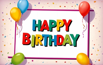 A happy Birthday card with balloons and confetti on it, with a white background and a pink border with a white rectangular frame, plain background, a pastel, international typographic style