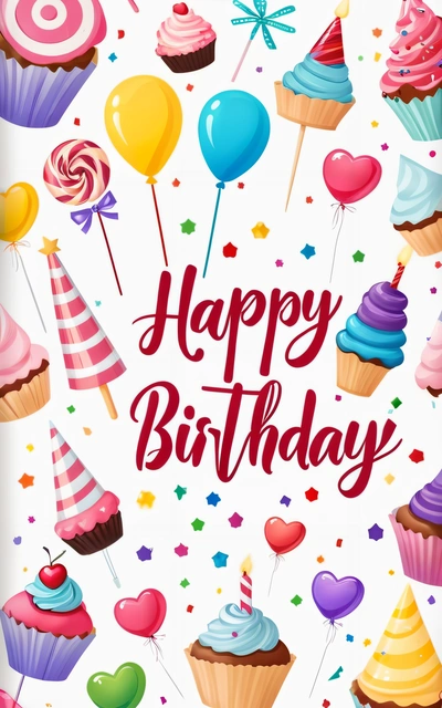 A Birthday card with cupcakes and balloons on it, and the words happy Birthday written in red on the front of the card, plain background, a pastel, international typographic style