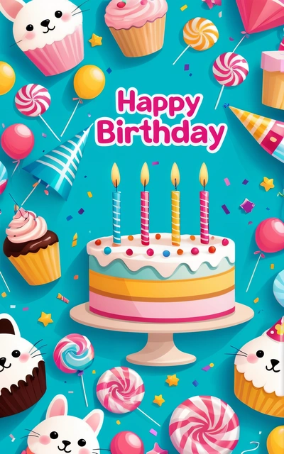 A Birthday card with a cake and many cupcakes and a cat on it with a happy Birthday message in the middle of the card, plain background, a pastel, naive art