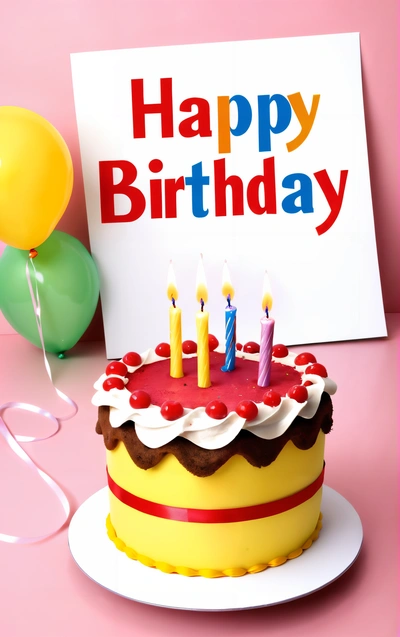 A Birthday cake with candles on a plate with a sign and balloons in the background that says happy Birthday on it's side,, plain background, a pastel, international typographic style