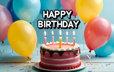 A Birthday cake with candles and balloons in the background with the words happy Birthday written on it in white writing on a pink cake with white frosting, plain background, a pastel, international typographic style